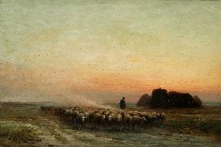 画像　フェルディナン・シェニョー「埃（砂けむり）の中を行く羊の群れ」セーヌ・エ・マルヌ県立バルビゾン派美術館蔵
