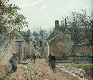 画像　カミーユ・ピサロ「ルーヴシエンヌの村道」1871年　マンチェスター市立美術館蔵