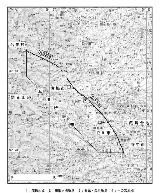 画像　立川断層帯の活断層位置と主な調査地点（政府地震調査委員会ホームページより）