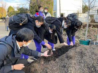 画像　農場での腐葉土づくり（見学風景）